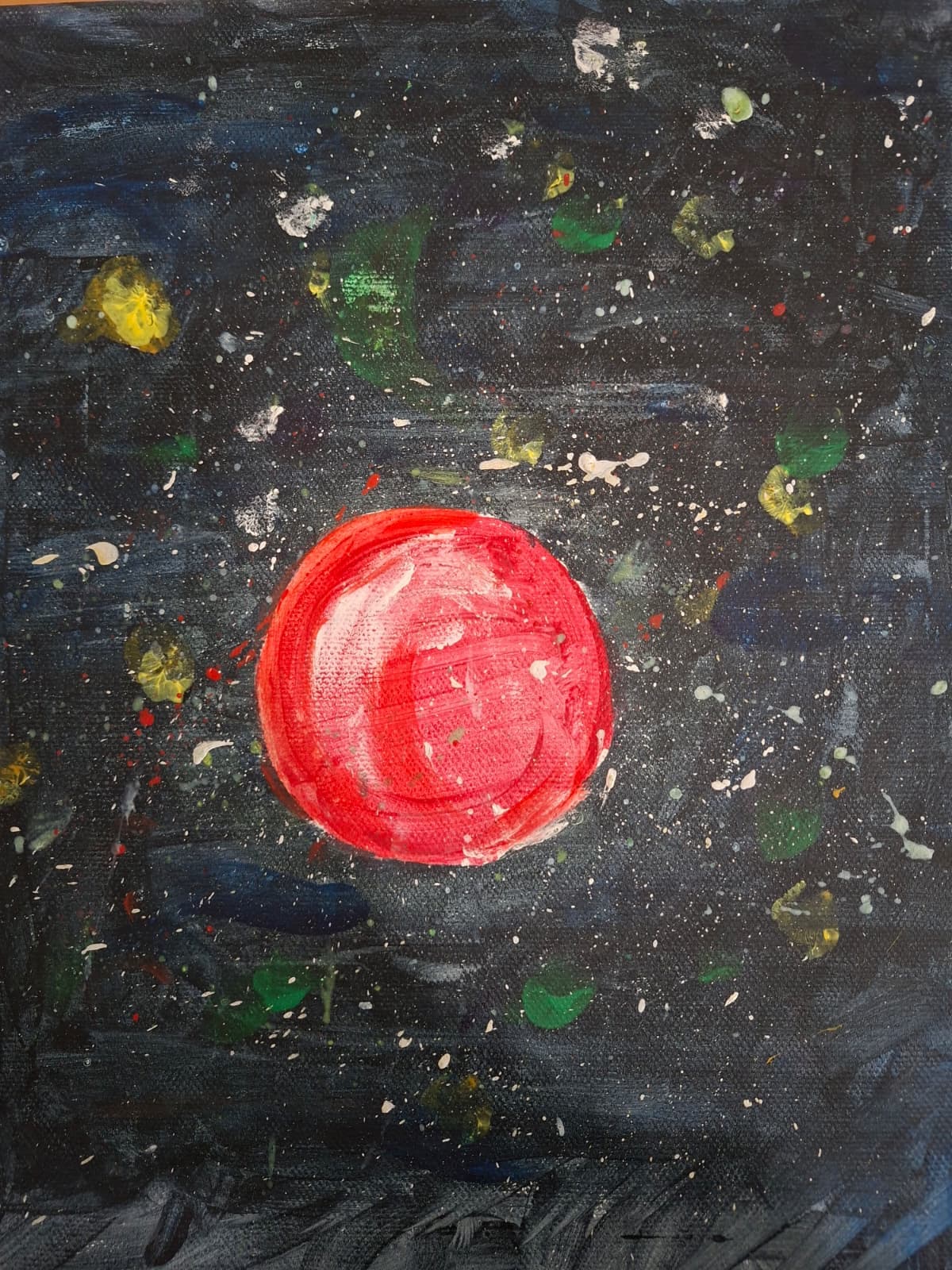 Marte - L'immagine è un dipinto a tempera su tela che rappresenta un corpo celeste, presumibilmente il pianeta Marte, immerso nello spazio profondo.