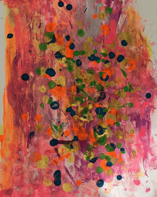 La tempesta due - Un dipinto astratto vibrante caratterizzato da uno sfondo materico nei toni del rosa acceso, magenta e arancione, con sfumature violacee.