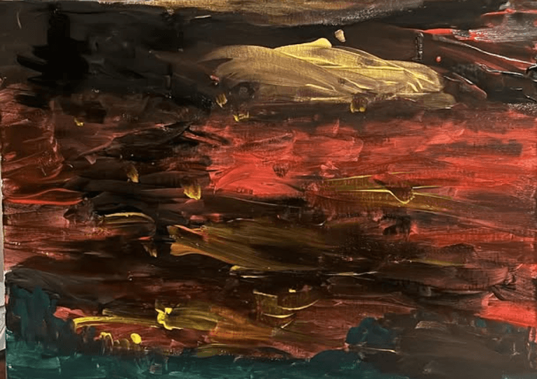Risveglio di fuoco - Un dipinto astratto materico caratterizzato da forti contrasti cromatici