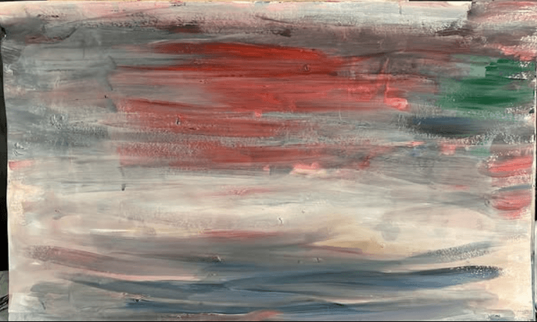 Paesaggio solare - Un dipinto astratto orizzontale caratterizzato da pennellate ampie e sfumate che evocano un paesaggio crepuscolare.