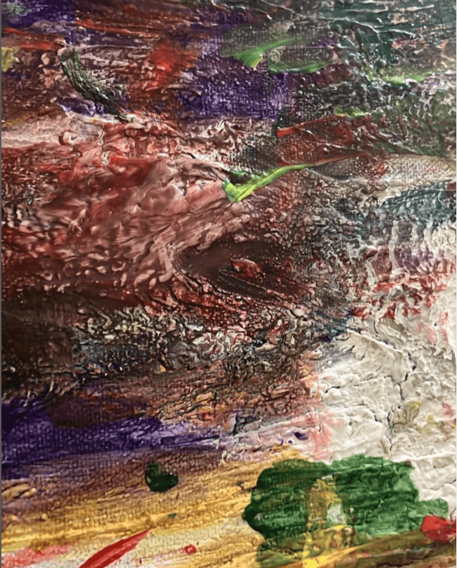 Schizzo - Un dettaglio ravvicinato di un dipinto astratto con una trama materica molto spessa e increspata.